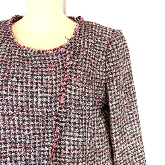 WHBM Red Black Tweed Fringe Moto Style Asymmetrical Zip Blazer Jacket Size 4 - Picture 6 of 16